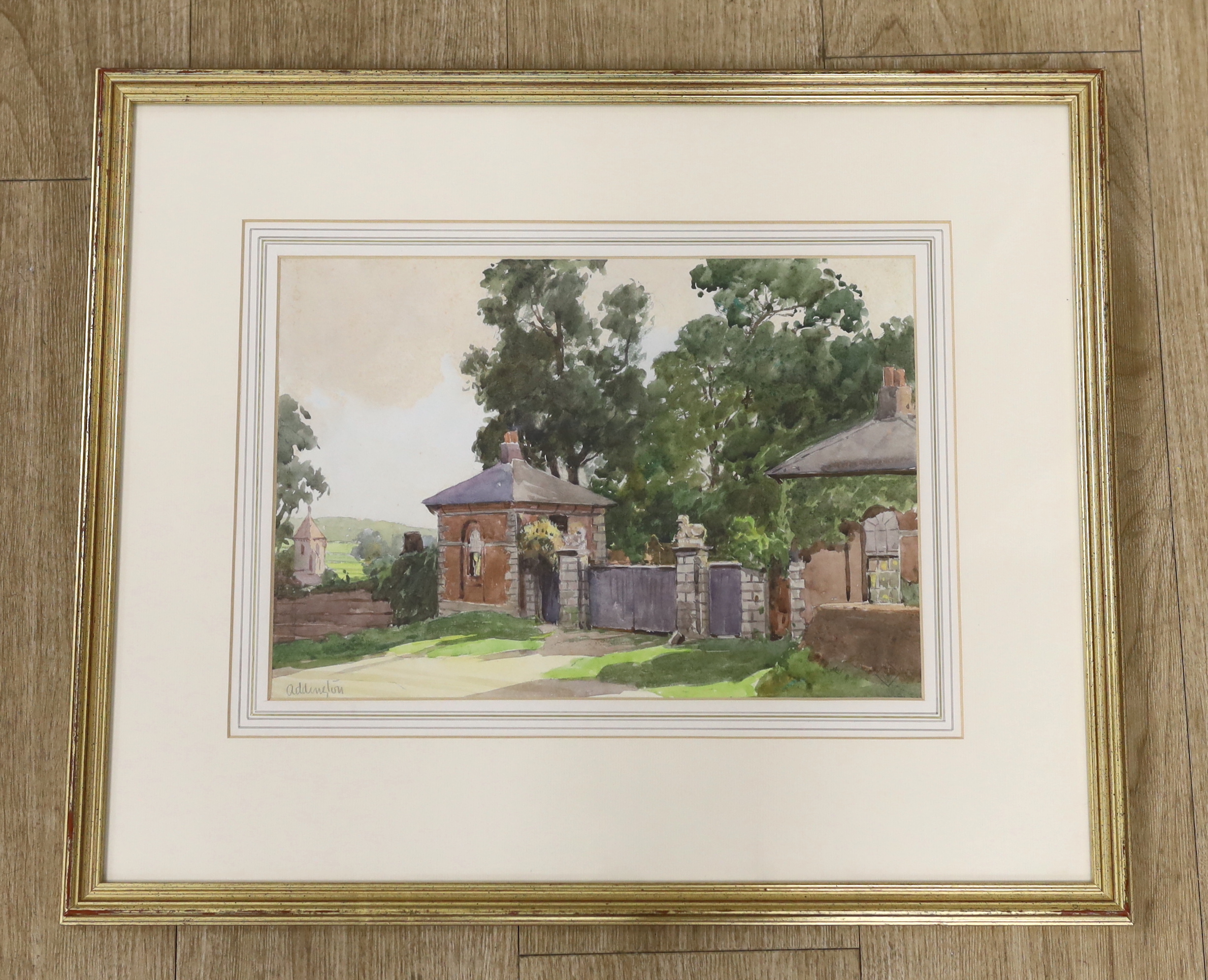 William Tatton Winter RBA (1855-1928), watercolour, 'Lodge gates at Addington, Surrey', signed with monogram, 24 x 34cm, Provenance details verso: Glenolva Tatton Winter, the artist's daughter-in-law, March 1981